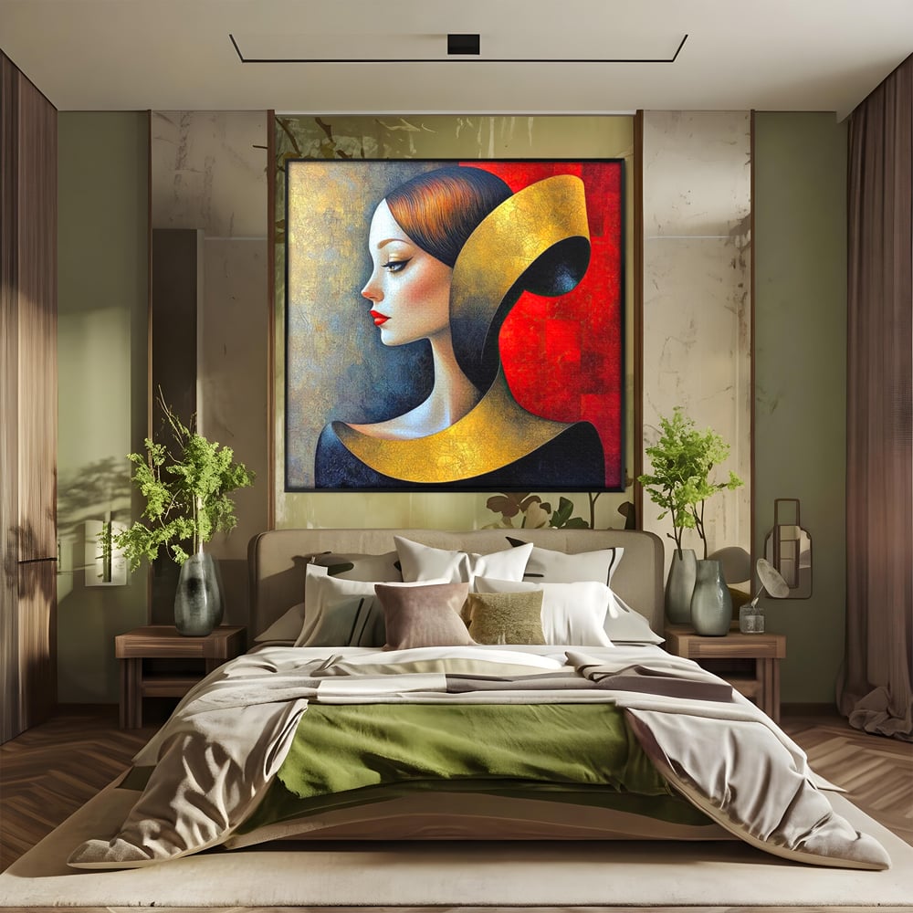 Tablou canvas cu tablou canvas cu profil de femeie stilizat, in rama de aluminiu negru, pe perete intr-un dormitor